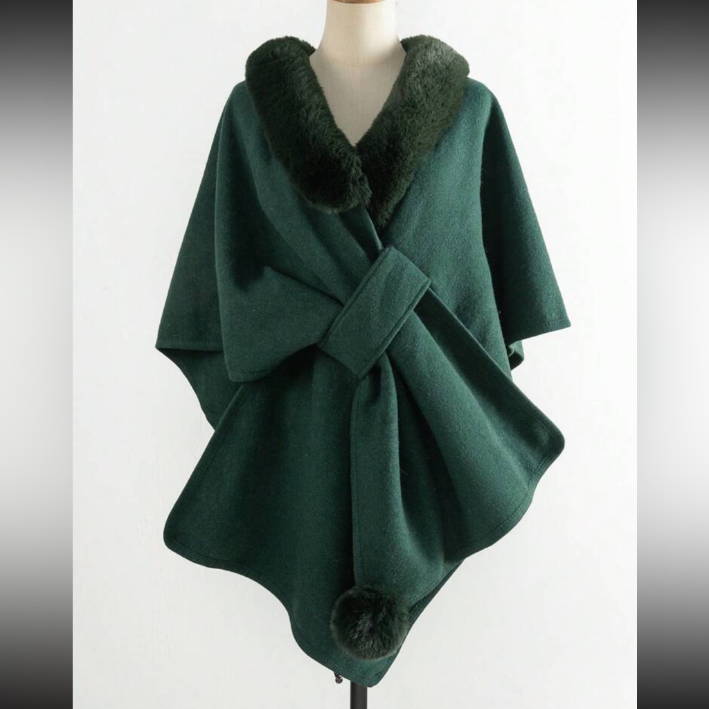 Luxe Asymmetrical Faux Fur Collar Pom Pom Crossover Cape Shrug Green